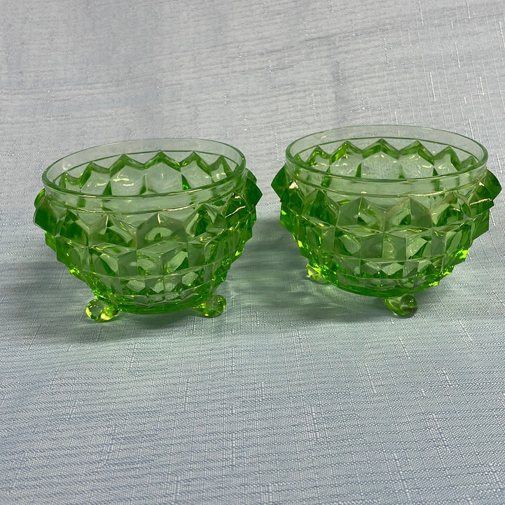 Jeanette Vaseline Green Footed Dishes